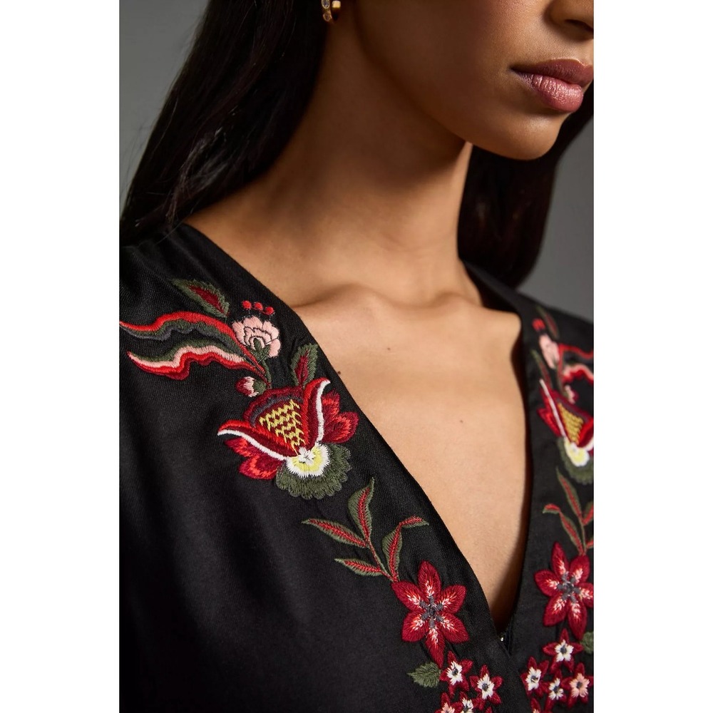 Farm Rio Embroidered Wide‎ Leg Floral Jumpsuit Small Black Floral Anthropologie - Picture 3 of 16